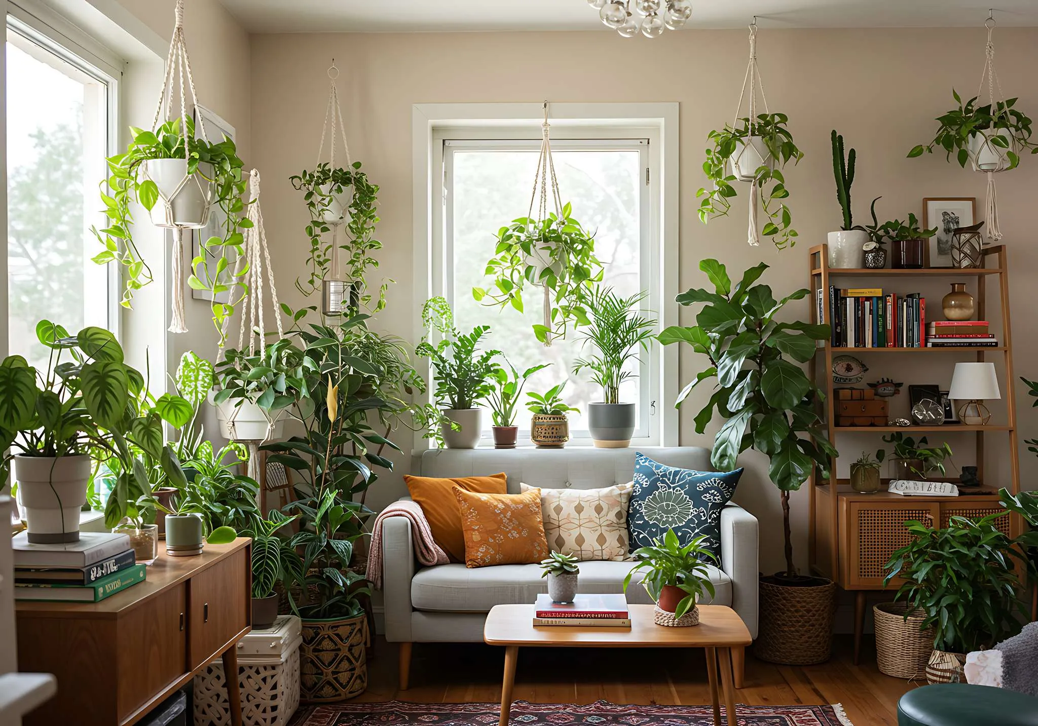 gemütlicher Raum mit Hängepflanzen